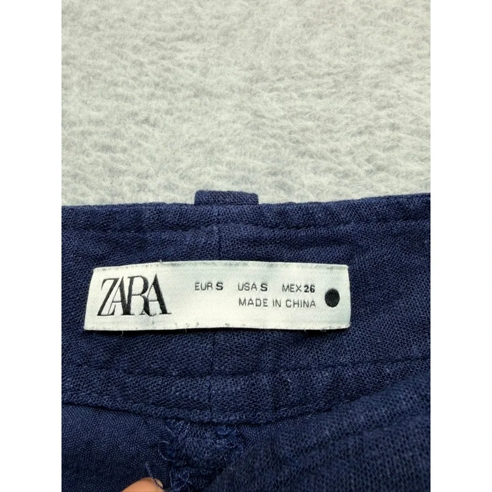 Zara Navy Blue Embroidered Linen Blend Wide Leg Pants Boho Geometric Womens S